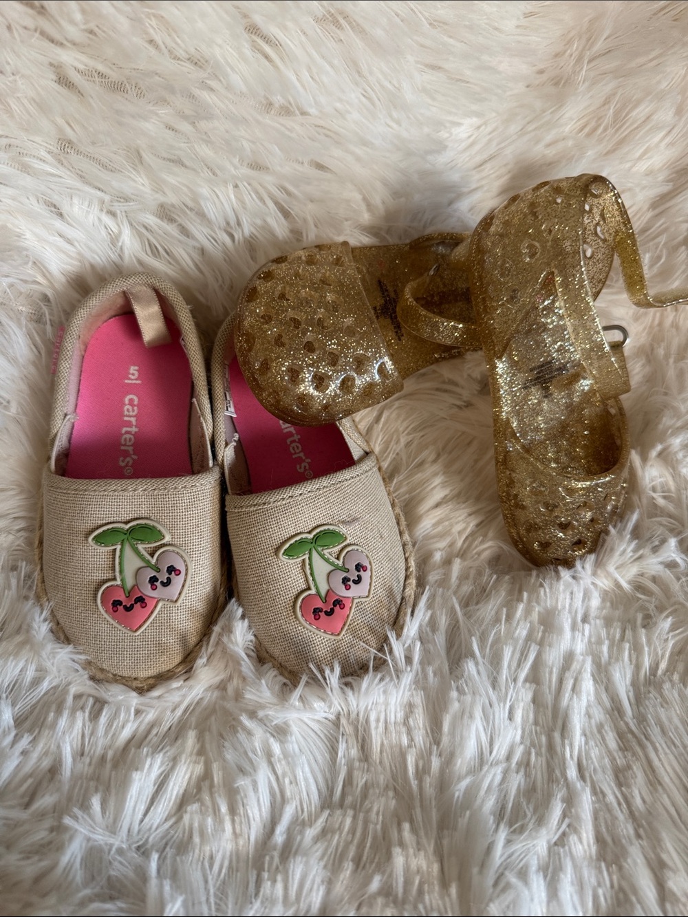 Carter's Beige Cherry Canvas Slip-Ons & Gold Glitter Jelly Sandals